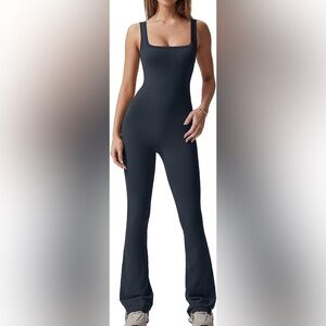 QINSEN Jumpsuit Sleeveless Sexy Suqare Neck Stretch Flare Leggings Romper Jumper